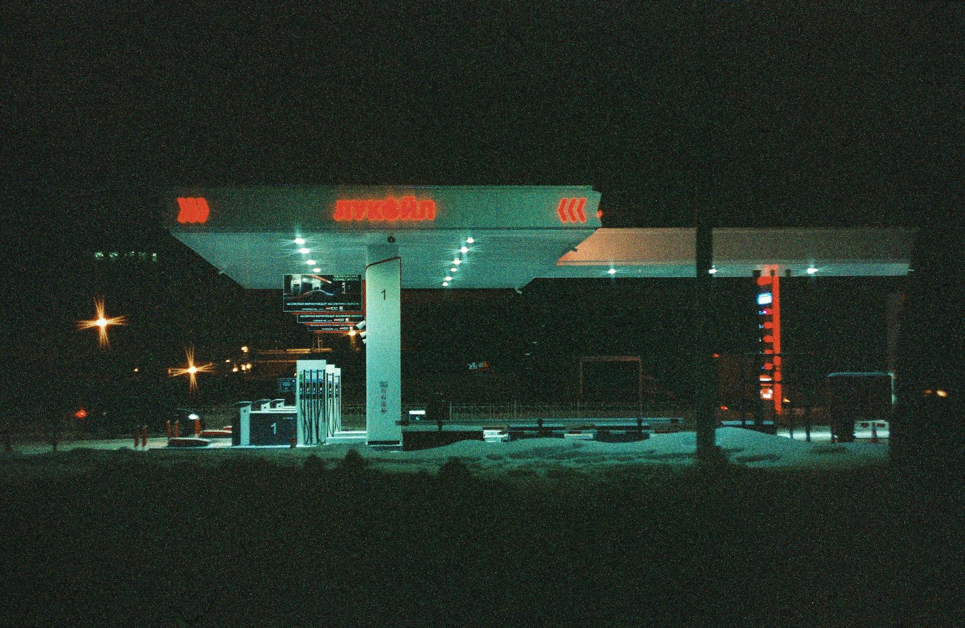 lighted gas station